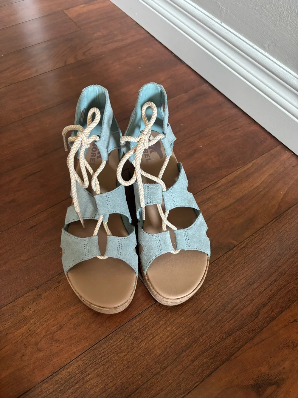 Sorel Mint Blue Lace-Up Cork Wedge Sandals